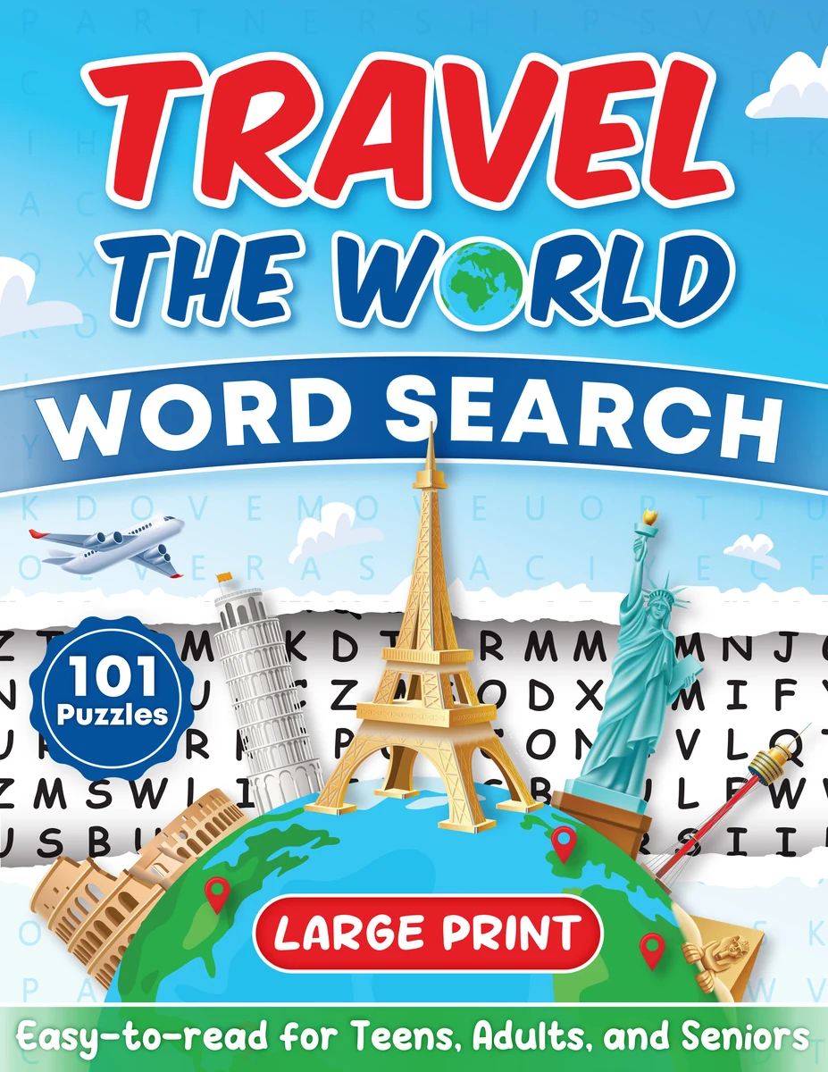 Cover of Travel the World Word Search: blue sky, red and blue title, Eiffel Tower, Statue of Liberty and Leaning Tower of Pisa on a globe over a letter grid.